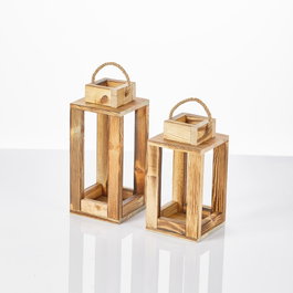 Aberto Design Juego de dos candelabros linterna de madera Natural